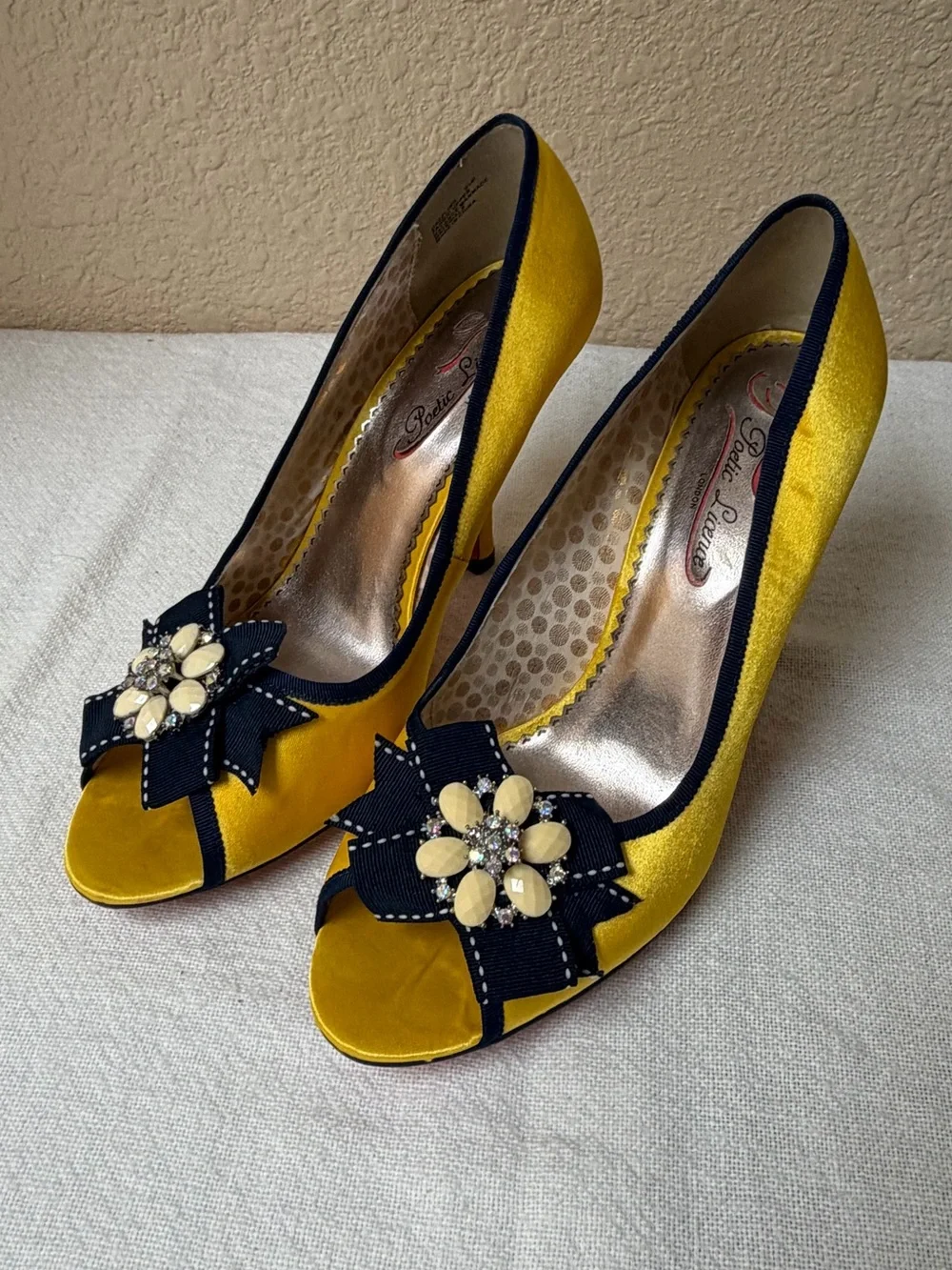 4/$20 Poetic License Yellow Satin Peep-Toe Heels w/ Black Trim and Floral Jewel